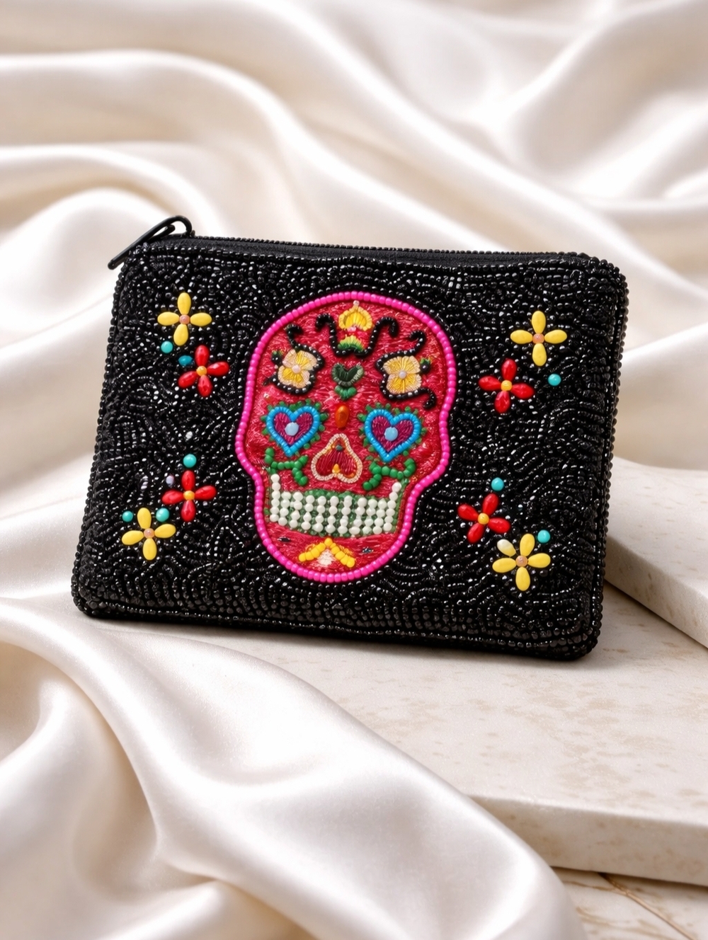 Sugar Skull Black Beaded Coin Purse Pouch New
